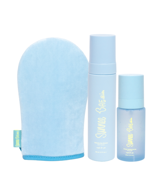 At-Home Self Tanning Bundle includes Mousse, Face Mist and blue application mitt.