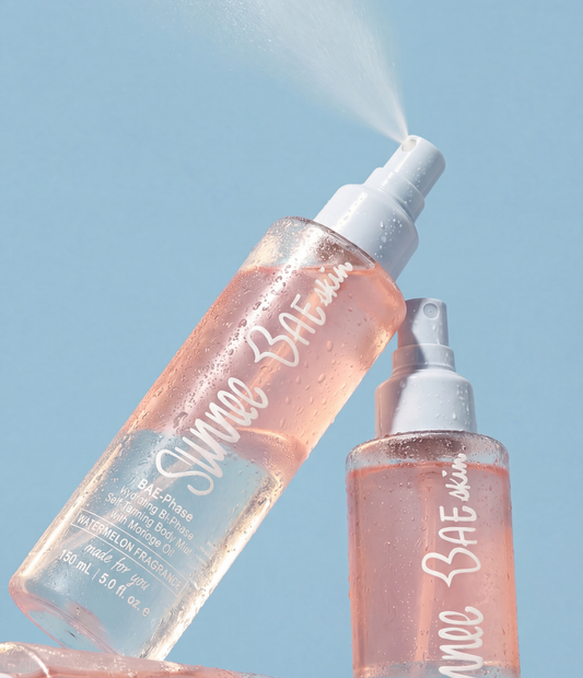 Two bottles of Sunnee BAE Bae-phase product against a clear blue background.