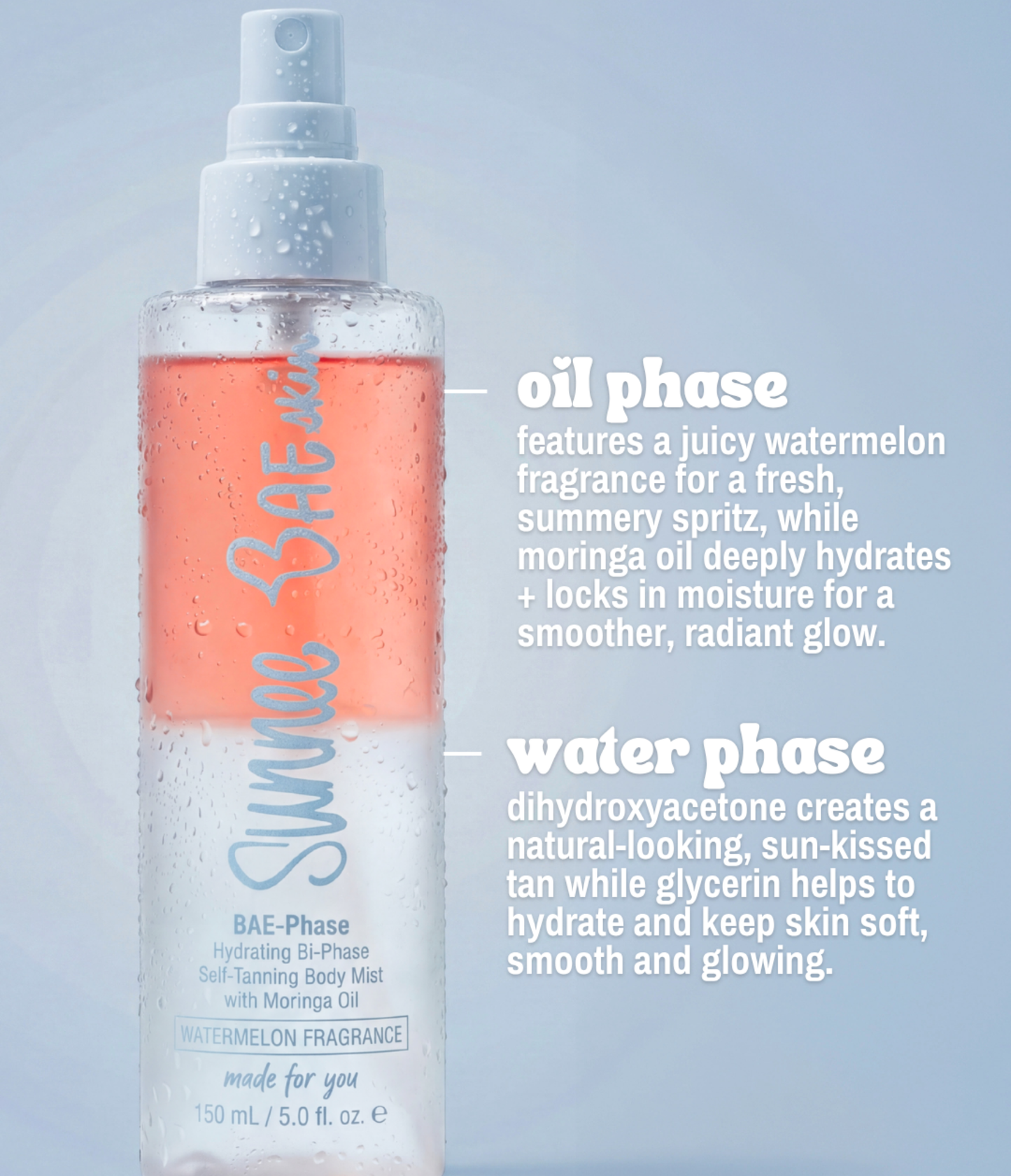 Bae-phase body mist bottle with text detailing oil phase and water phase ingredients on a light blue background