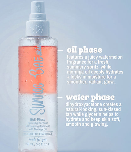Bae-phase body mist bottle with text detailing oil phase and water phase ingredients on a light blue background