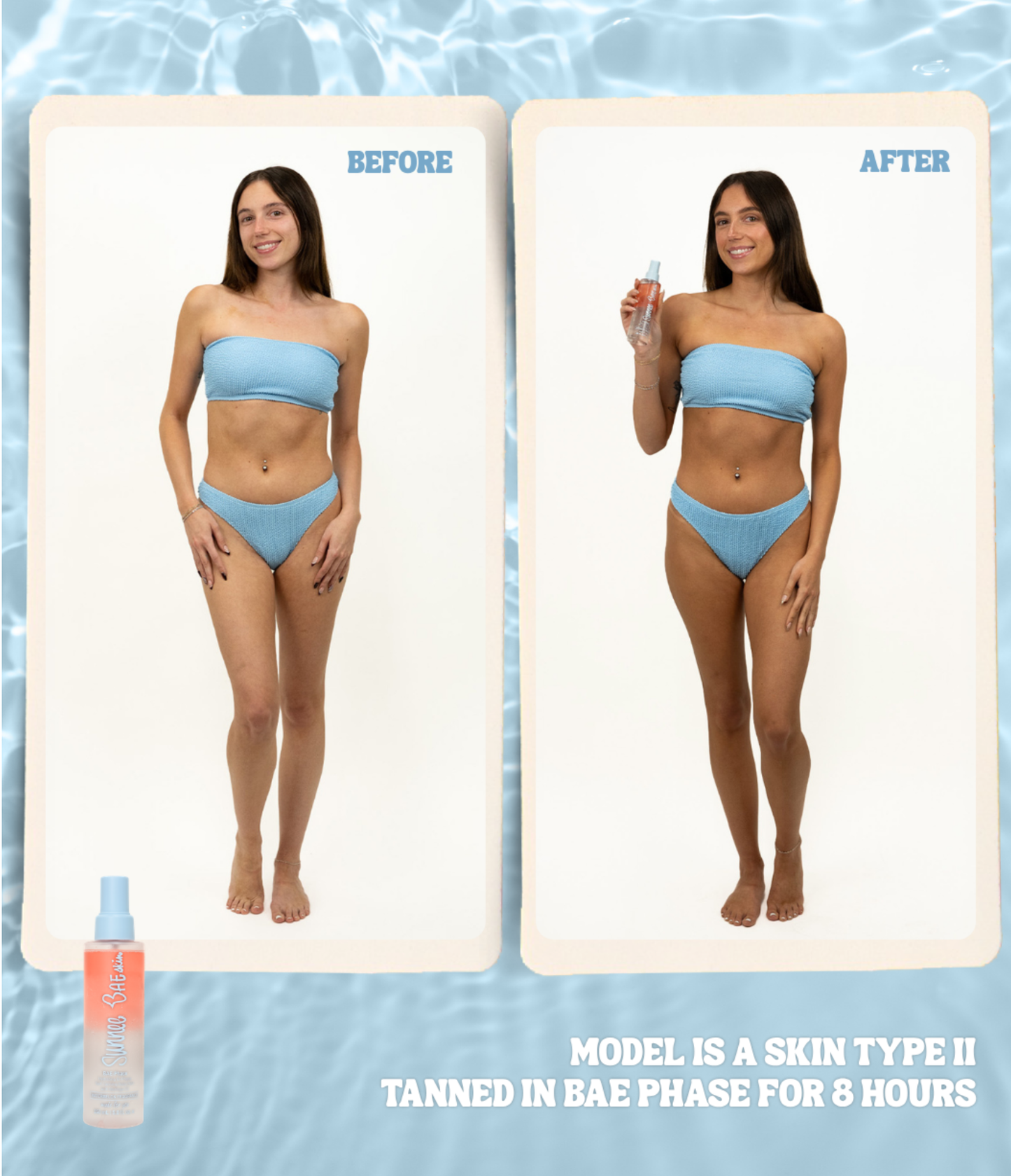 Before and after comparison of a woman in blue bikini skin type 2 tanned in BAE-phase for 8 hours.