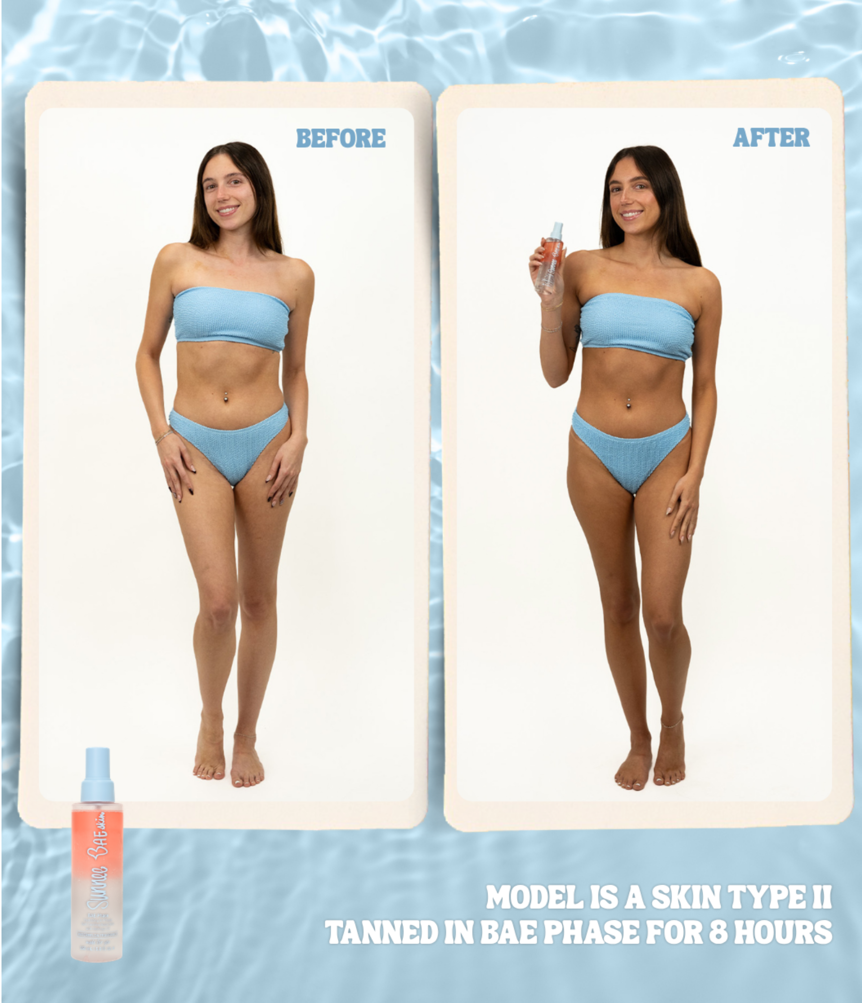 Before and after comparison of a woman in blue bikini skin type 2 tanned in BAE-phase for 8 hours.