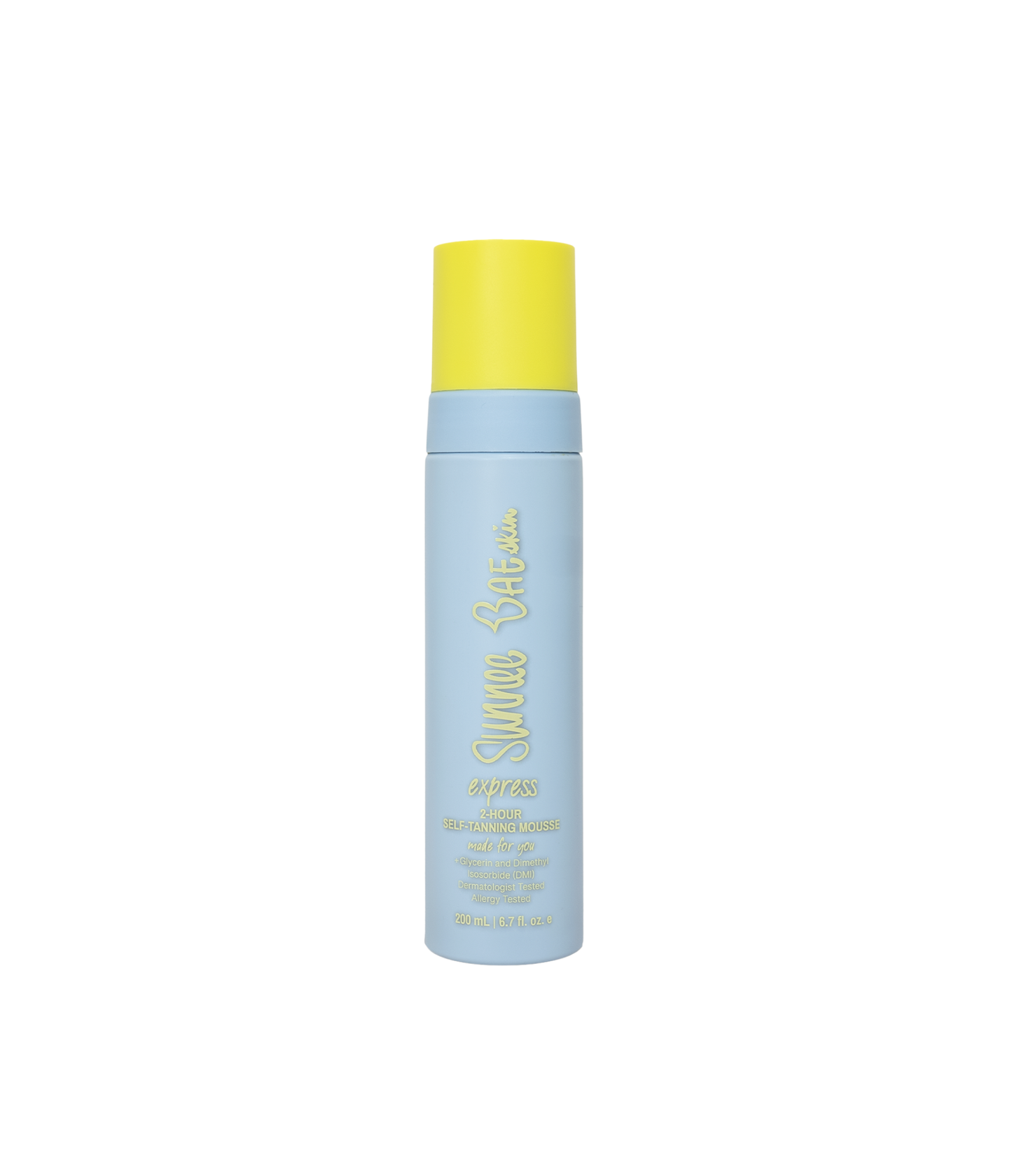Blue bottle of express mousse with yellow cap on a white background