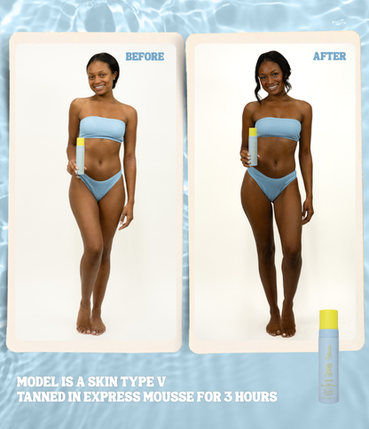 Before and after comparison of a woman with skin type 5 tanned in express mousse for 3 hours on a blue water background.