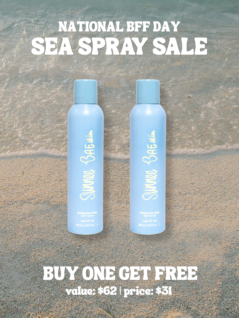 Two bottles of Sunnee BAE sea spray on a beach background with promotional text. Buy one, get one free.