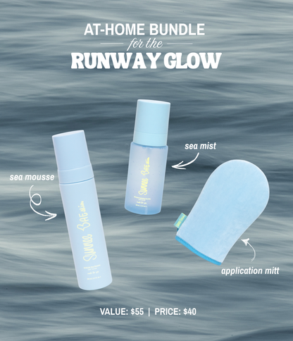 At-home bundle for 'Runway Glow' with sea mousse, sea mist, and application mitt on a water background. Price is $40