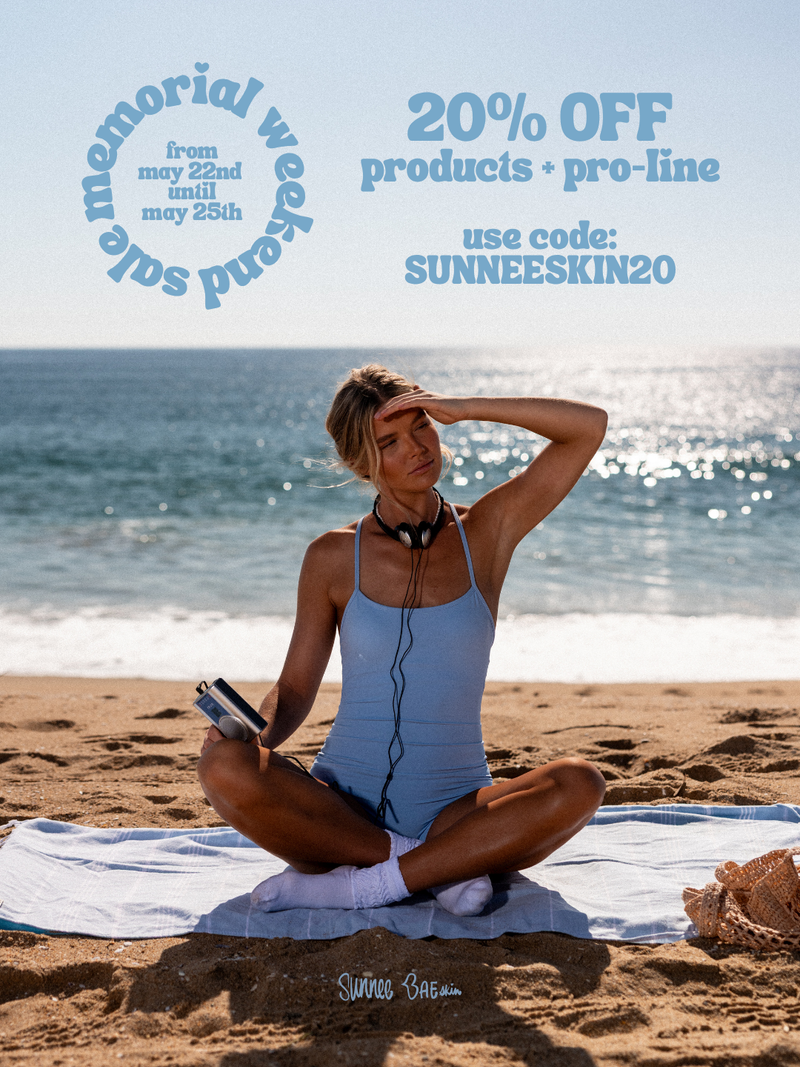 Ellie Thumann sitting on the beach wearing headphones with promotional text overlay "20% off products memorial weekend sale, use code:SUNNEESKIN20"