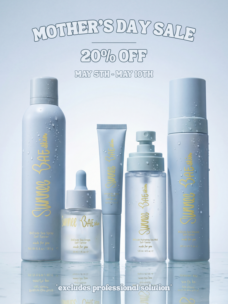 Mother's Day Sale 20% Off May 5th- May 10th. excludes professional solution. Promotional image of Sunnee BAE products with blue background.