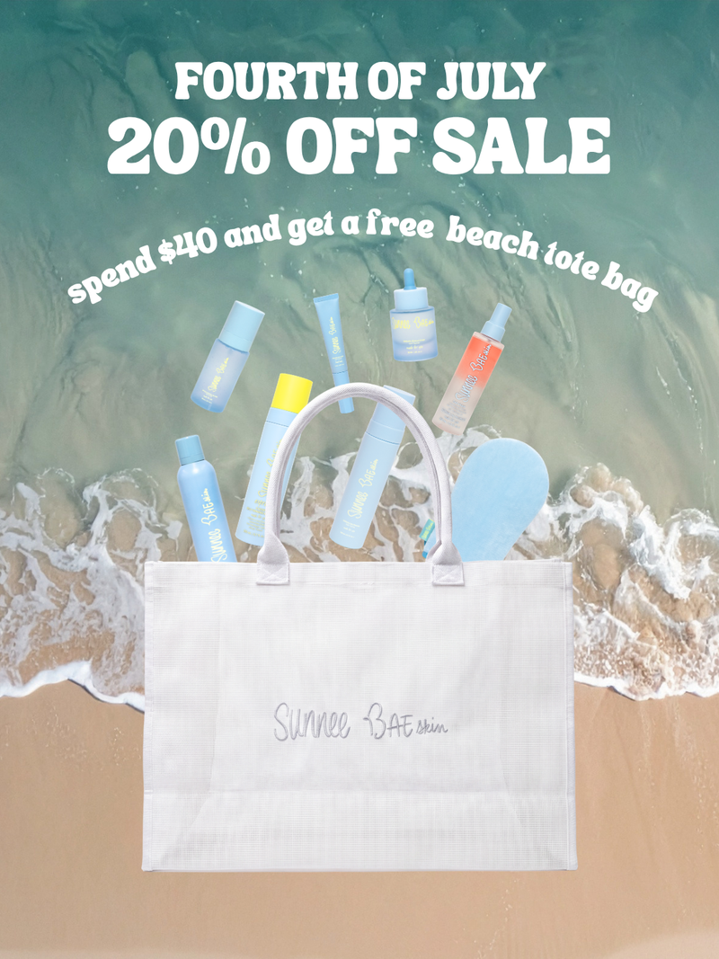 Promotional graphic for a Fourth of July sale with beach-themed products and a free tote bag offer.