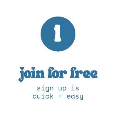 blue circle with the number one, text 'join for free' and 'sign up is quick + easy' on a white background.