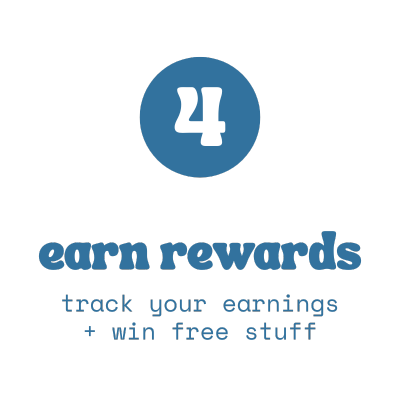 Blue circle with number '4' and text 'earn rewards track your earnings + win free stuff' on a white background