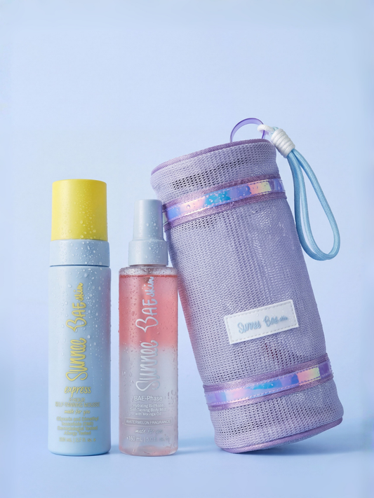 Sunnee BAE bundle set includes the express mousse bottle, the watermelon bae-phase bottle and a purple Sunnee BAE carrier bag.