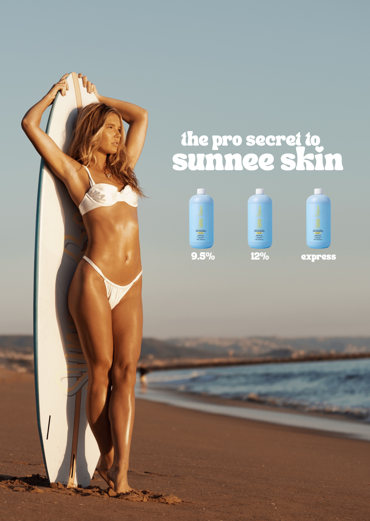 Woman on a beach holding a surfboard with skincare product bottles and text about 'the pro secret to sunnee skin' on a clear sky background.